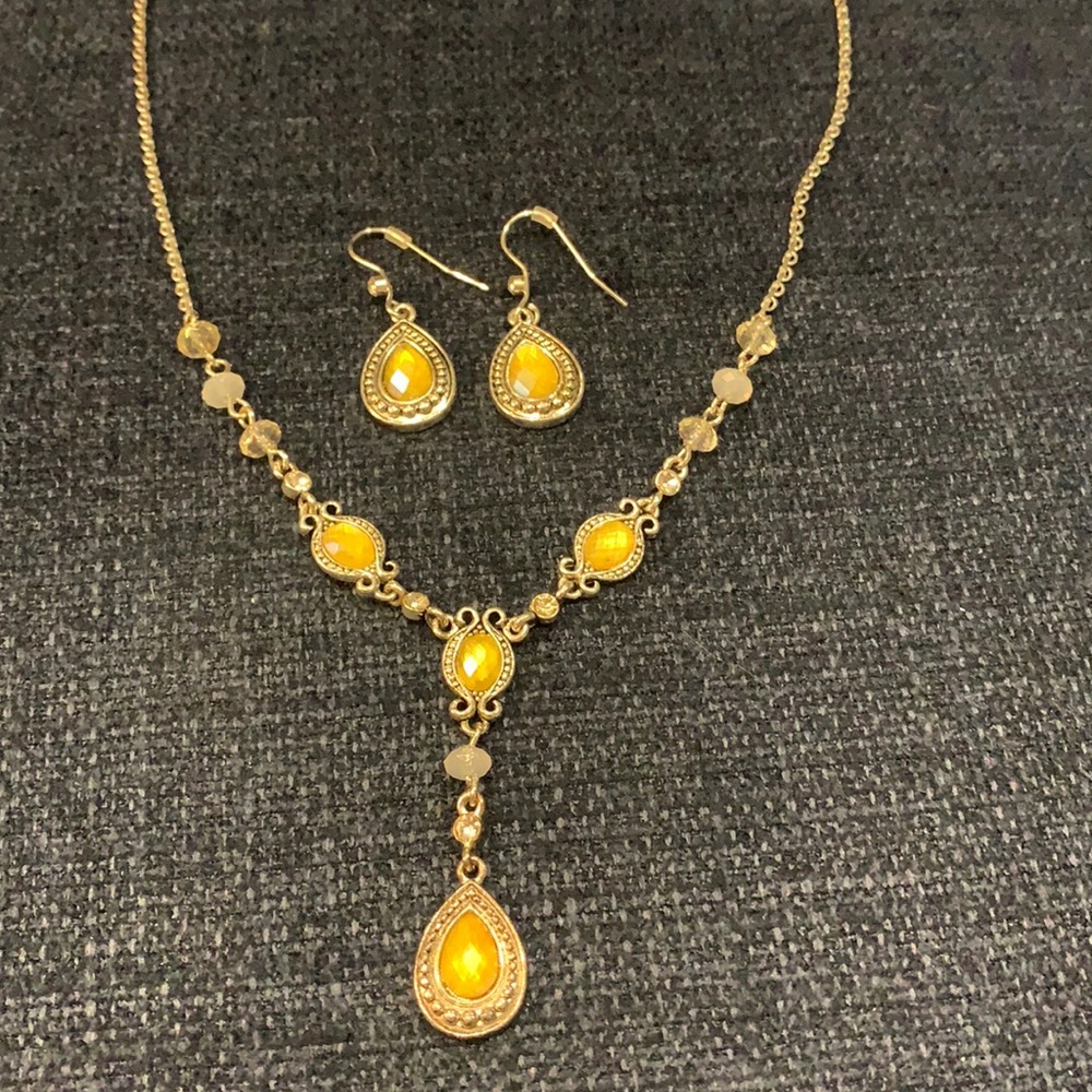 Vintage Yellow Stone & Bead Necklace & Earring Set